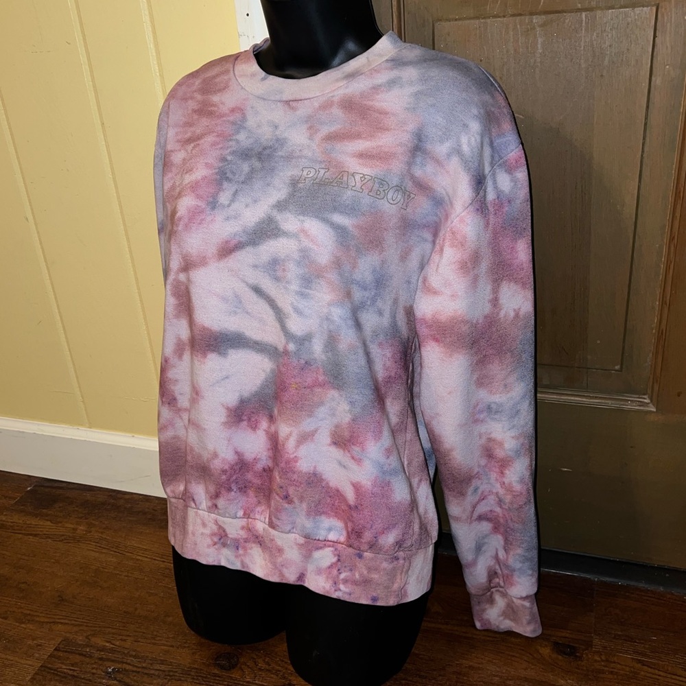 Playboy Gray Pink Tie Dye Crewneck Long Sleeve Cotton Sweatshirt Pullover Size S - Picture 6 of 11